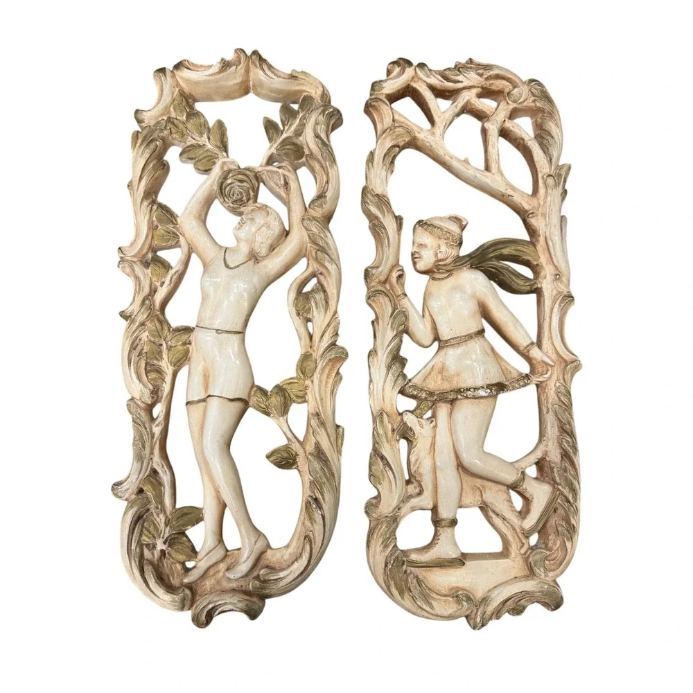 Vintage 70s Art Nouveau Wall Plaques Summer Winter Ivory Gold Plaster Panel Set